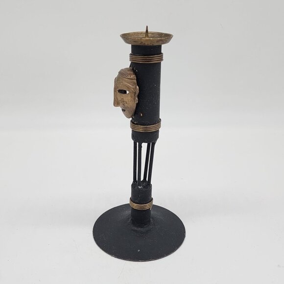 Handcrafted African Tribal Mask Inspired Metal Candle Holder Brass Metal 9" - Picture 6 of 8